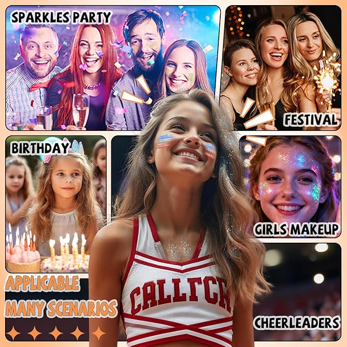Body Glitter Face Glitter, Hair Glitter for Kids, 12 Shapes Fine Chunky Glitter Gel for Women Girls Makeup Sparkles Party Mermaid Sequins Rave Accessories Singer Concerts Festival (White Scheme)