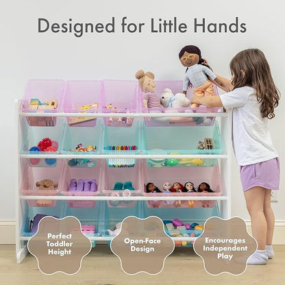 Humble Crew Toy Storage Organizer with 16 Removable Storage Bins for Kids Playroom, 4-Tier Toddler Toy Organization and Storage, White/Purple/Pink/Blue