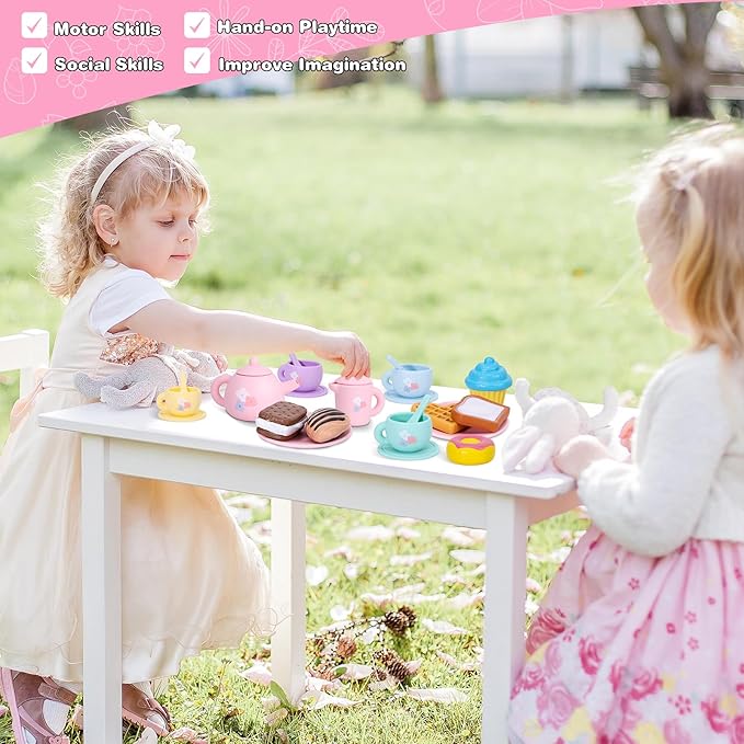 Silicone Tea Party Set for Little Girls,PRE-WORLD 25PCS Toys Toddler Tea Set with Play Food Dessert Cookies,Doughnut,Cake,Carrying Bag,Kids Kitchen Pretend Role Gifts for Girls Boys Age 3 4 5 6
