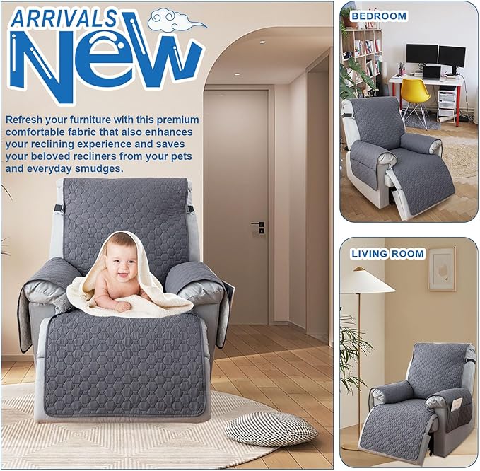 100% Waterproof Recliner Covers for Small Recliners, Anti-Slip Recliner Chair Covers with 5 Pockets, Elastic Straps, Washable Recliner Protector for Kids, Pets, Dogs, Grey