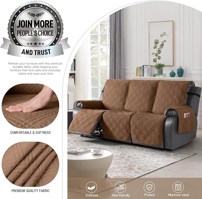TAOCOCO 100% Waterproof Recliner Sofa Covers 3 Seater Split Couch Covers for 3 Cushion Reclining Couch with Straps, Non Slip Reclining Sofa Covers Furniture Protector for Kids Pets(3 Seater, Brown)
