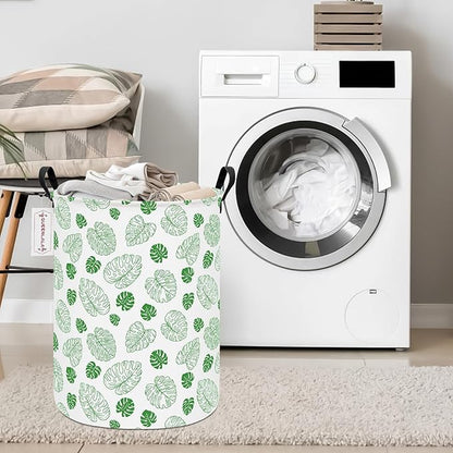QUEENLALA Large Storage Basket,Laundry Hamper/Bathroom/Home Decor/Collapsible Round Storage Bin,Boys and Girls Hamper/Boxes/Clothing(Round-Green Leaf)