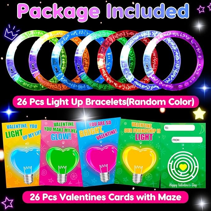 Thremhoo 26PCS Glow in the Dark LED Bracelets Valentine Day Cards for Kids School Classroom Funny Light Up Valentines Exchange Gifts for Toddler Boys Girls Valentine’s Party Treat Stuffers Fidget Bulk