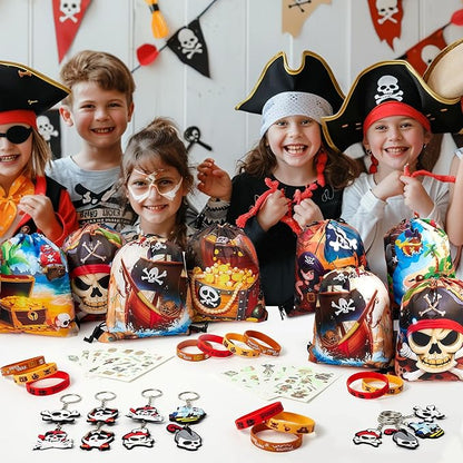 12 Sets Pirate Party Favors Birthday Supplies for Boy Kid, Drawstring Bag Silicone Bracelet Tattoo Sticker Keychain Pirate Pinata Filler Goodie Bag Stuffers Pirate Birthday Favors Party Supplies