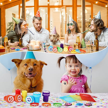 85 Pieces Dog Paw Party Favors Set Dog Paw Print Party Supplies with Paw Print Silicone Bracelet Stamper Sticker Keychain Pendant Chain Organza Bag and Thank You Tag for Girl Kid Boy Party Birthday