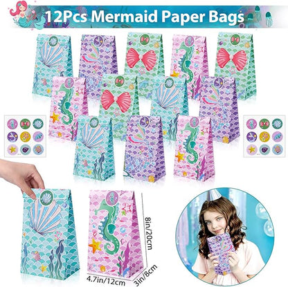 Golray 96Pcs Mermaid Party Favors with Goodie Bags Necklace Bracelet Rings Hair Clip Stampers Tattoo Tail Keychain for Girls Prize Toy Gift Stuffers Fillers Pinata Mermaid Birthday Party Supplies