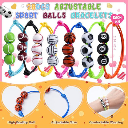 Valentines Day Cards for Kids School 28 Packs Valentines Day Gifts for Kids with Adjustable Sports Balls Bracelets Fit Kids Size Valentine School Classroom Prizes Gift Exchange Party Favors