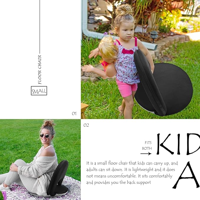 Nnewvante Floor Chair 42-Position Adjustable Floor Seating for Kids Adults with Back Support Folding Floor Seat Cushioned Recliner Meditation Washable Chaise Lounges, Black