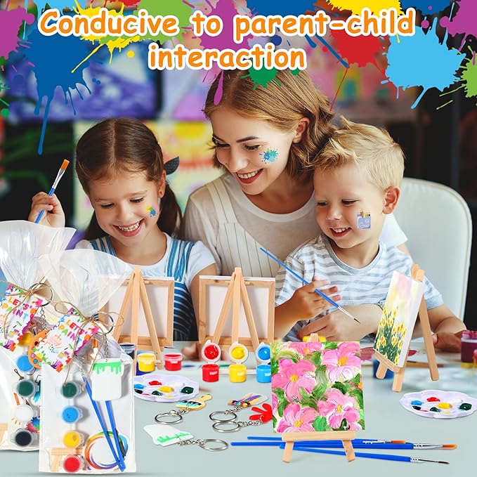 HyDren Paint Party Favors Include Mini Watercolor Paint Set Small Painting Canvas with Easel Palette Brush Paint Stickers Tattoo Sticker Keychain for Class Birthday Art Party(206 Pcs, Classic Style)