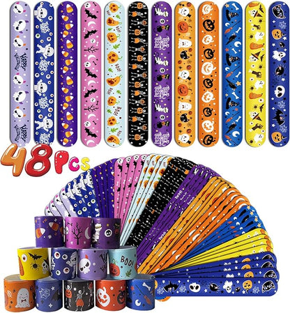 FOIMAS 48pcs Halloween Slap Bracelets,Halloween Snap Bracelet Pumpkin Witch Wristband for Kids Halloween Trick or Treat Bag Filler Party Favor Supply
