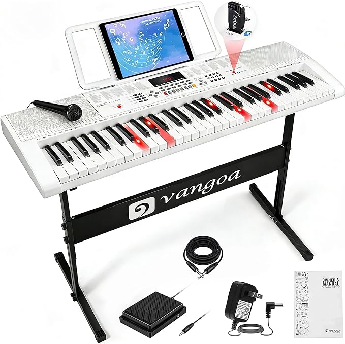 Vangoa Keyboard Piano 61 Key, Full Size Electric Piano Keyboard Light UP Keys with 3 Teaching Modes, Learning Music Keyboard Piano with Stand Headphones for Beginners, VGK6101 White