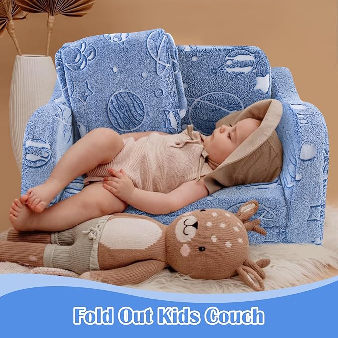 MeMoreCool Toddler Fold-Out Chair for Girls Boys, Glow-in-The-Dark Folding Baby Couch, Convertible Plush Recliner Lounger for Kids Playroom (Glowing Astronaut)