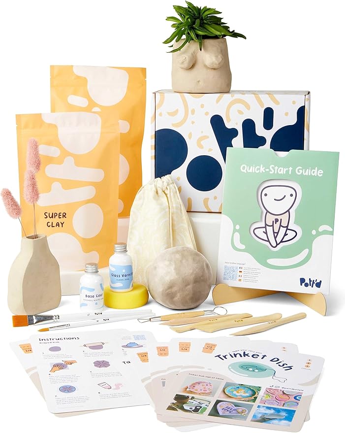 Pott'd Air Dry Clay for Adults. Beginners Home Pottery Kit for Adults. DIY Crafts Includes: Air-Dry Clay, Tools, Paints, Brushes, Sealant, Guides