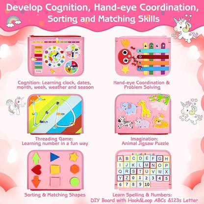 Esjay Toddler Busy Board Montessori Toys for Girls, Sensory Book Educational Activities for Learning Fine Motor Skills, Birthday Gifts for Girls Toddlers, Travel Toys for Airplane Car, Fairy Horse