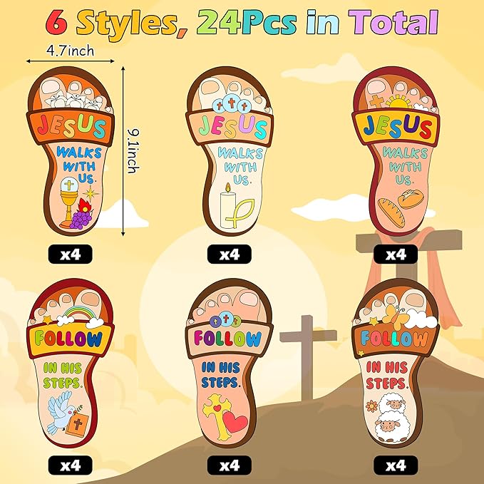 Dvbonike 24Pcs Sunday School Crafts for Kids Color Your Own Jesus Walks with Us Craft Kit Christian Religious Footprint Coloring Card DIY Drawing Party Gifts VBS Home Classroom Art Activity Supplies