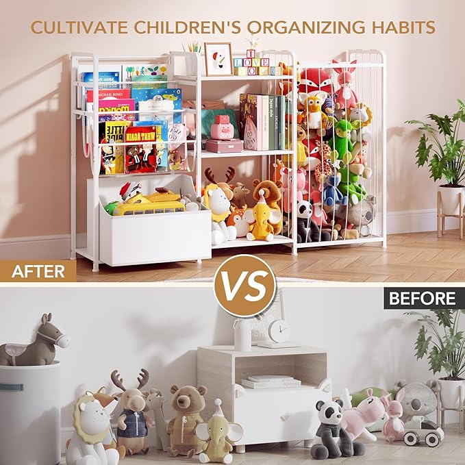 BBLIKE 3in1 Stuffed Animal Storage Organizer - Toy Storage with Kids Bookshelf & Large Plushies Holder for Kids Room - Multi-Functional Furniture for Nursery, Bedroom, and Playroom, White