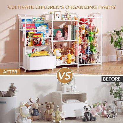 BBLIKE 3in1 Stuffed Animal Storage Organizer - Toy Storage with Kids Bookshelf & Large Plushies Holder for Kids Room - Multi-Functional Furniture for Nursery, Bedroom, and Playroom, White