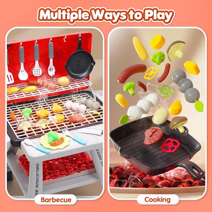 CUTE STONE Kids BBQ Grill Playset, Kitchen Toy Set, Realistic Smoke, Sound & Light,Kitchen Grill Playset,Toy Kitchen Accessories, Indoor Outdoor Interactive Pretend Play Toys for Boys Girls, 23.6" H