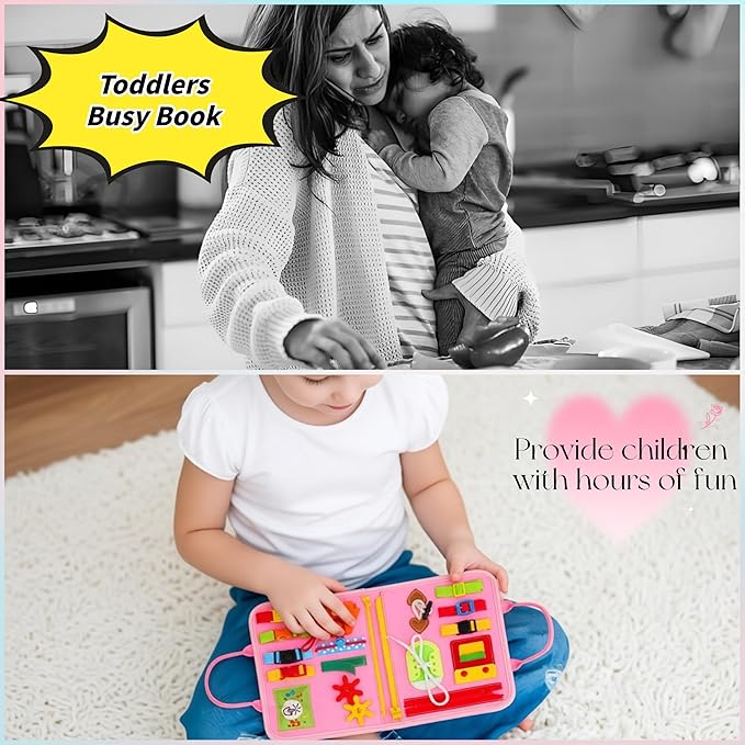 Toddler Busy Board-Montessori Toys for Boy Girl Birthday Gift, Sensory Learning Toys for Toddlers Busy Book, Airplane Car Travel Activities Toy,Learn Fine Motor Skills