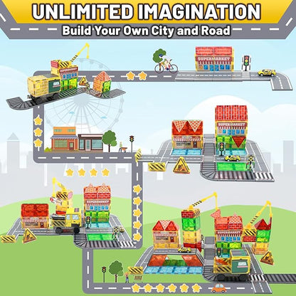 Magnetic Tiles Magnetic Building Blocks, Building Toys for Kids Ages 3-5 4-8 8-12 Toddlers STEM Preschool Toys Boys Toys, City Construction Toys Set with 2 Cranes Train Tracks Road Car