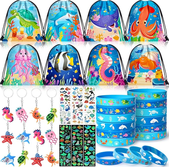 12Sets Under the Sea Party Favors Birthday Supplies, Sea Animal Drawstring Bags Silicone Bracelets Keychains Tattoo Stickers Pinata Filler Goodie Bag Stuffers, Ocean Themed Party Favors Supplies