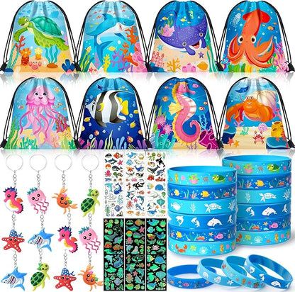 12Sets Under the Sea Party Favors Birthday Supplies, Sea Animal Drawstring Bags Silicone Bracelets Keychains Tattoo Stickers Pinata Filler Goodie Bag Stuffers, Ocean Themed Party Favors Supplies