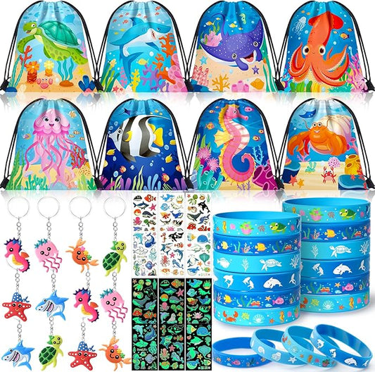 12Sets Under the Sea Party Favors Birthday Supplies, Sea Animal Drawstring Bags Silicone Bracelets Keychains Tattoo Stickers Pinata Filler Goodie Bag Stuffers, Ocean Themed Party Favors Supplies