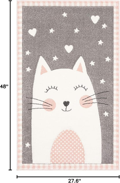 SAFAVIEH Carousel Kids Collection Accent Rug - 2'3" x 4', Pink & Grey, Cat Design, Non-Shedding & Easy Care, Ideal for High Traffic Areas for Boys & Girls in Playroom, Nursery, Bedroom (CRK134P)