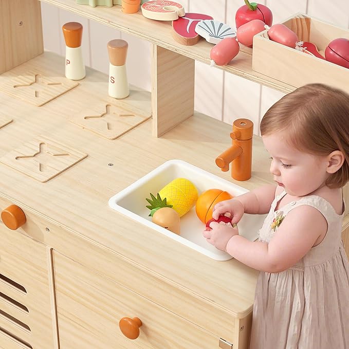 PairPear Play Kitchen for Kids, Wooden Toys Play Kitchen Sets with Toy Play Food Plates and Dishes, Larage Toy Storage System Kids Play Kitchen Accessories Designed Toys Gift for Age 3+