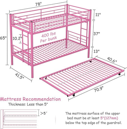 VECELO Twin Over Twin Bunk Bed with Trundle, Convertible Metal Bunkbeds with 2 Ladders and Guardrails, Space Saving, No Box Spring, Pink
