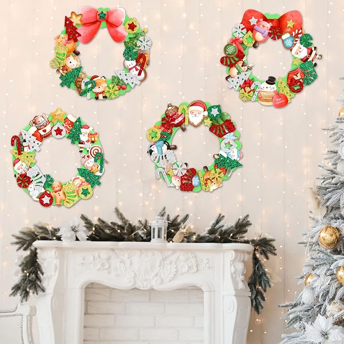 Christmas Foam Wreath Craft Kits 16PCS DIY Christmas Ornament Foam Sticker Holiday Activity for Kids Christmas Party Decoration Supplies