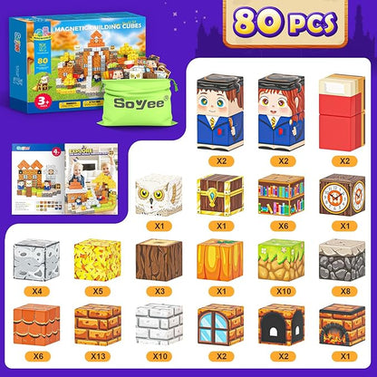 80PCS Magnetic Blocks - Build Mine Magnet World Magic World Adventure Set, 1’’ Magnet Cubes Kids Sensory Toys for Kids Age 3-5 5-7 8-12, Building Blocks Gift for 3 4 5 6 7 8 9 10 Year Old Boys & Girls
