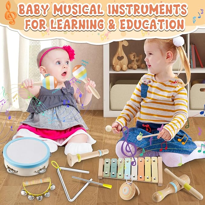 Baby Musical Instruments - Montessori Musical Toys for Toddlers 1-3 Musical Instruments for Toddlers 1-3 Neutral Colors Xylophone for Toddlers Gifts for Preschool Educational with Storage Bag