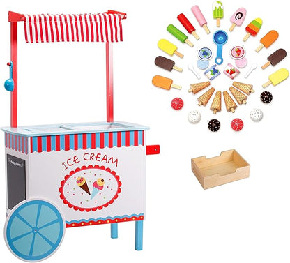 Ice Cream Cart Kids Pretend Play Stand- 33+ Pc Accessories, Realistic Premium Wooden Toy Activity Set, Money Box Chalkboard & Icecream Truck- Popsicles Cones Unique Flavors- Girls Boys Role Play Gift