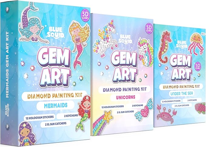Blue Squid Diamond Art Kits for Kids – Fun & Easy DIY 5D Gem Art Gift Set for Keychains, Stickers, Sun Catchers - Diamond Painting Arts & Crafts Kit for Kids, Girls, Boys Ages 6 7 8 9 10 11 12