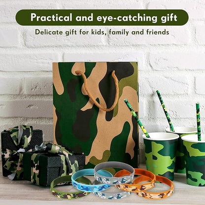 Inbagi 100 Pcs Camouflage Army Rubber Bracelets Camouflage 4 Styles Assorted Wristbands Camo Military Stretch Rubber Bracelets for Men Kids Women Army Party Gifts Birthday Party Decorations Supplies