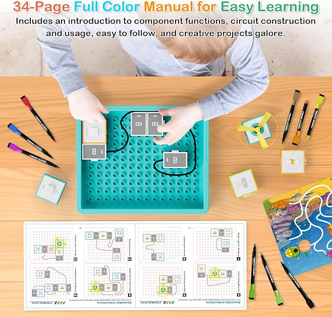 Electronics Exploration Kit, STEM Modularization Circuit Blocks Board with 20 DIY Coloring Scenes, 12 Modules, Full-Color Project Manual, Educational Toy for Kids 8+ (Light Green)