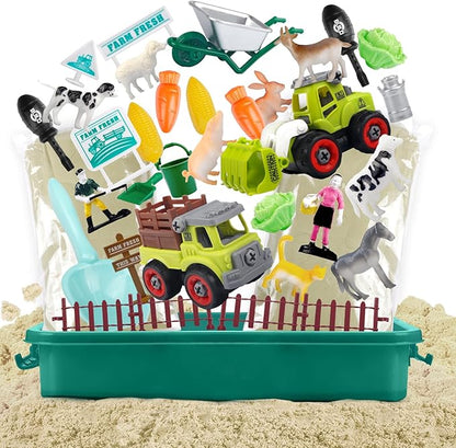 Farm Sensory Bin, Farm Toys & 2.2lbs Play Sand, Farm Animals, Farm Trucks, Sand Box with Lid, Christmas Birthday Gift for Kids Toddlers Ages 3 4 5 6 7 8