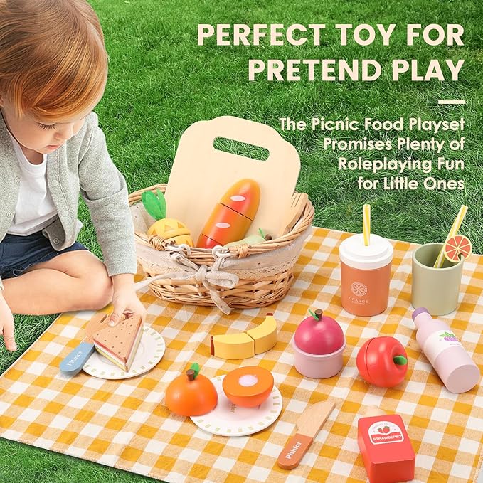 Picnic Playset, Wooden Play Food Set for Kids Kitchen, Cutting Pretend Play Kitchen Food Toy for Toddlers Girls Boys 1 2 3 4 5 Years Old