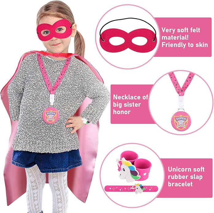 Golray Super Big Sister Gifts Set with Superhero Cape Eyemask Unicorn Slap Bracelets Necklace, Drawstring Backpack, Unicorn Keychain, Insulated Plastic Tumbler Cup Big Sister Gifts for Little Girls