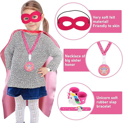 Golray Super Big Sister Gifts Set with Superhero Cape Eyemask Unicorn Slap Bracelets Necklace, Drawstring Backpack, Unicorn Keychain, Insulated Plastic Tumbler Cup Big Sister Gifts for Little Girls