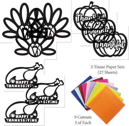 VHALE Suncatchers Craft 3 Sets (9 Cutouts) w Tissue Papers Stained Glass Effect Paper Sun Catcher Kit, Window Art, Classroom Crafts, Creative Art Projects, Kids Party Favors (Thanksgiving)