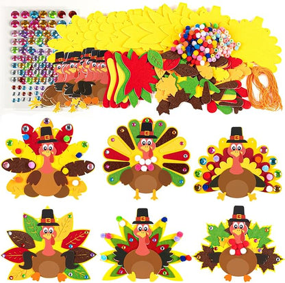 24Pcs Thanksgiving Crafts for Kids - Fall Turkey DIY Felt Art Kits Bulk Toys for Classroom Activities Party Games Ages 3-5, 4-8, 8-12