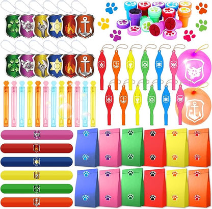 75PCS Dog Paw Party Favors Dog Paw Print Party Supplies Puppy Patrol Theme Pack Include Slap Bracelets、Paw Print Bubble Wands、Paw Stampers 、Punch Balloons、DIY Acrylic Keychain、Sticker、Goodie Bags