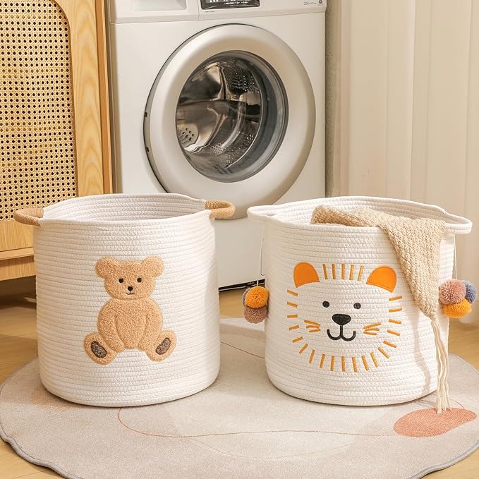 Large Blanket Baskets for Living Room, Teddy Bear Baskets Toy Storage Basket Woven Cotton Rope Basket for Kids, Toys Organizer Clothes Hamper with Embroidery, Teddy Bear Nursery Decor ( Large )