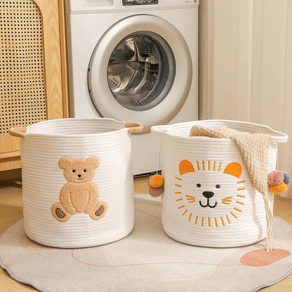 Large Blanket Baskets for Living Room, Teddy Bear Baskets Toy Storage Basket Woven Cotton Rope Basket for Kids, Toys Organizer Clothes Hamper with Embroidery, Teddy Bear Nursery Decor ( Large )