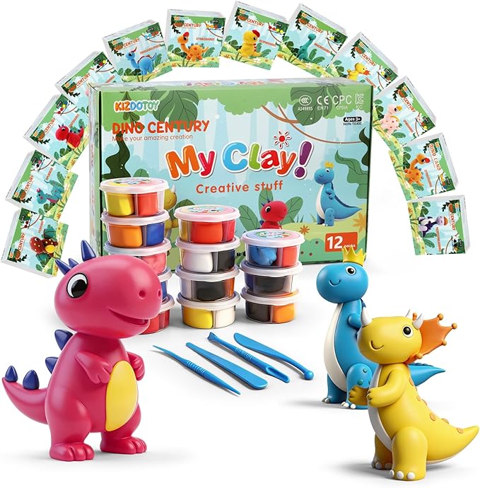 12 Independent Sealed Clay Jars, Non-Sticky & Odorless, Includes 12 InstructionCards & Dino Habitat Tools, Screen-Free STEAM Activity for Home or School