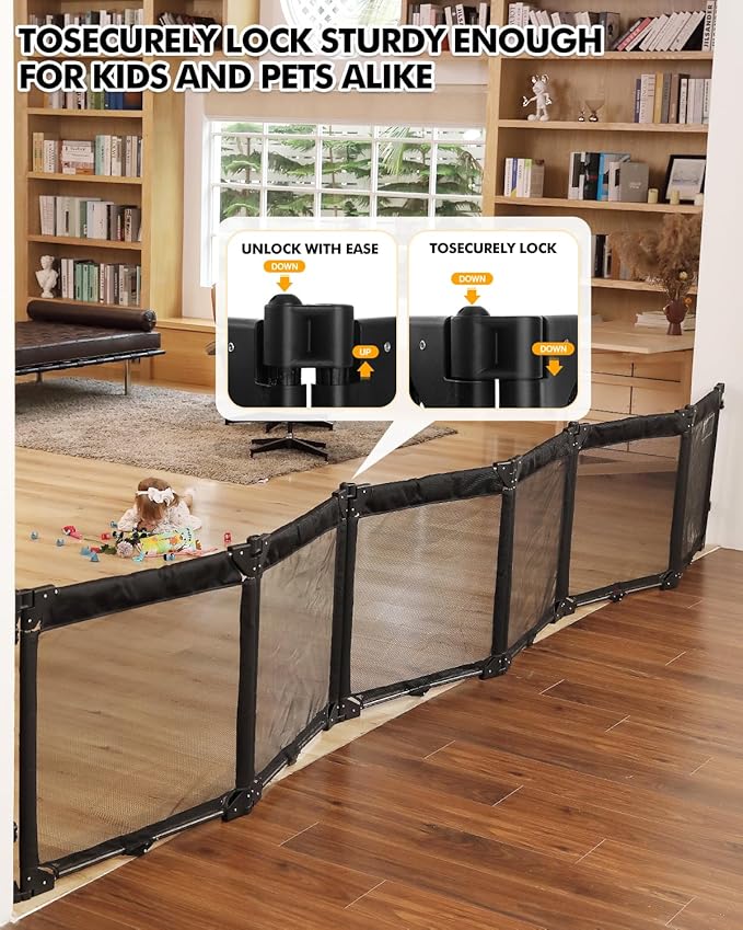 Extra Wide Baby Gate Playpen with Heat-Resistant Mesh,6 Panel Foldable Baby Fence,Indoor/Outdoor Safety Barrier,Dog Playpen & Fireplace Gate