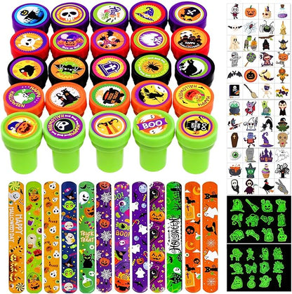 Garma Halloween Party Favors Toys for Kids, 25 Pcs Halloween Assorted Stamps with 12 Pcs Slap Bracelets and 288 Tattoos Halloween Goody Bag Fillers for Classroom Reward Prize Non Candy Party Supplies