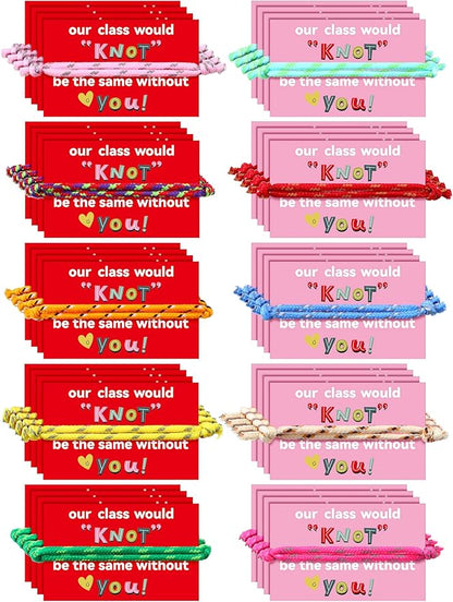 100 Pieces Valentine Knot Bracelets with Card Neon Rope Woven Friendship Bracelets for Kids Adjustable Rope Bracelets Bulk for Girls Boys Classroom Valentine Exchange Gifts Party Favors, 10 Colors